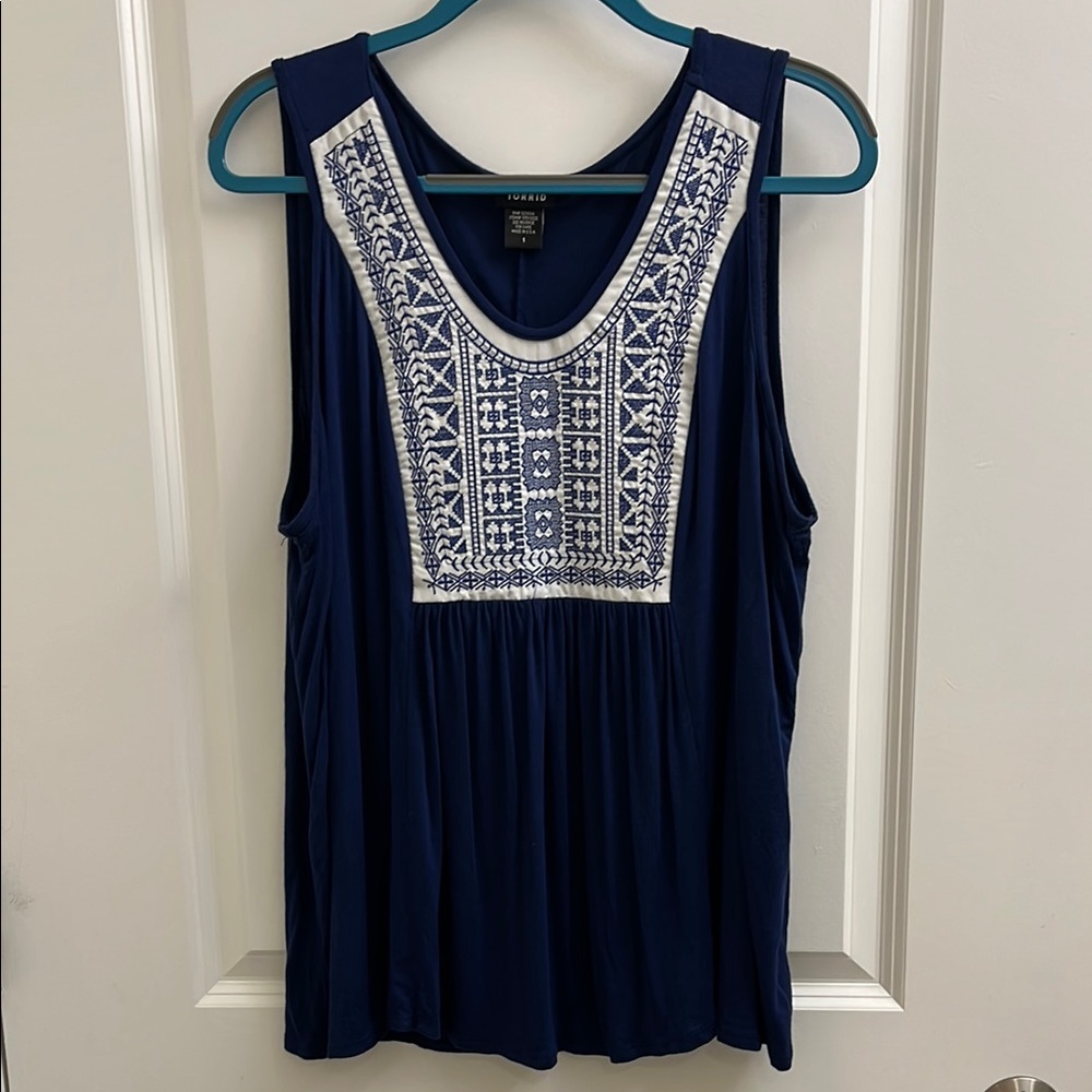 Torrid Blue and White Embroidered Knit Tank Top